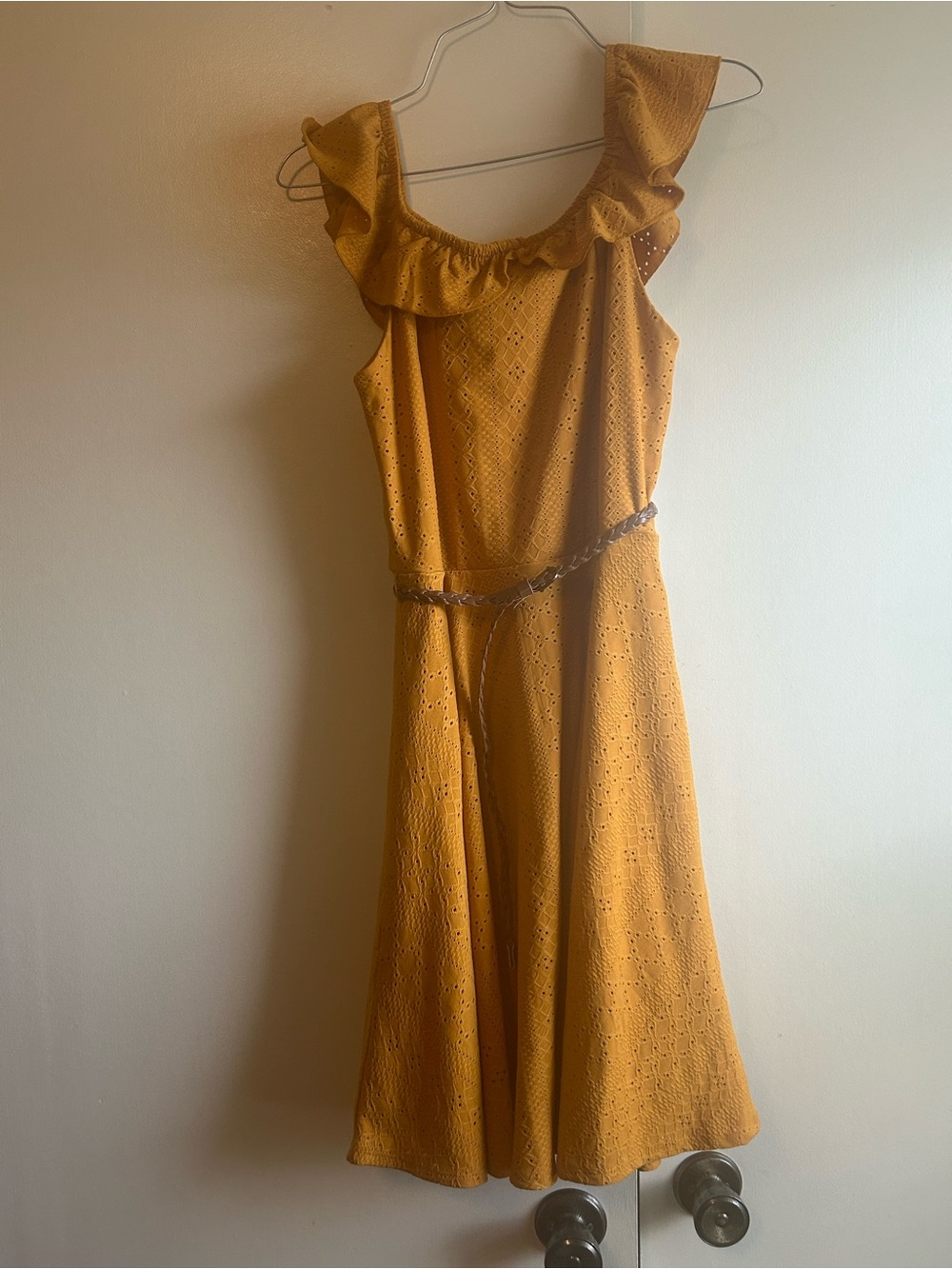 Knitworks Mustard Eyelet Ruffle Midi Dress